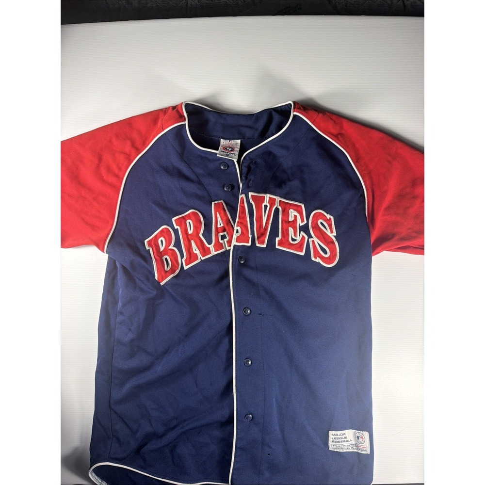 Atlanta Braves True Fan MLB Button Front Baseball Jersey Men's Medium Navy Red